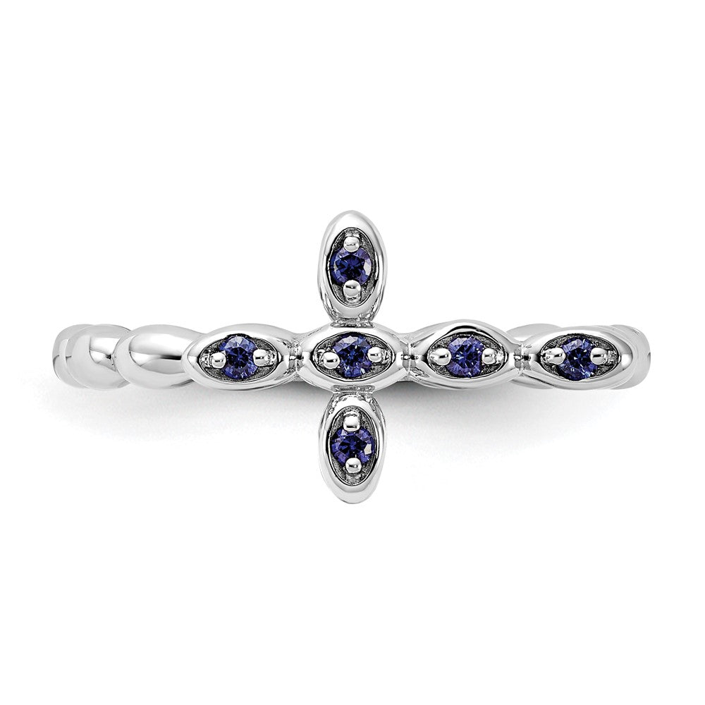Sterling Silver Stackable Expressions Rhodium-plated Created Sapphire Cross Ring