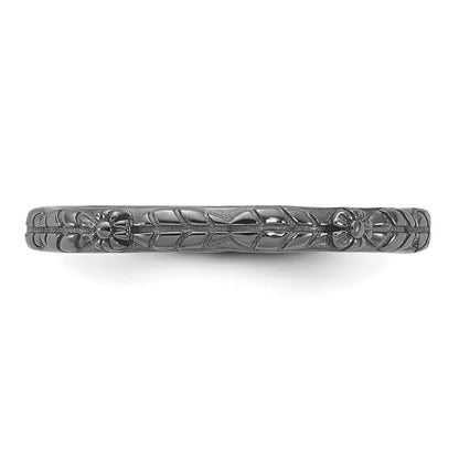 Sterling Silver Stackable Expressions Black Rhodium Textured Flowers Ring