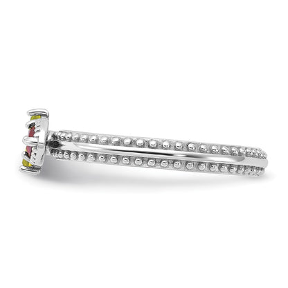 Sterling Silver Stackable Expressions Rhodium-plated Textured Garnet and Peridot Flower Ring