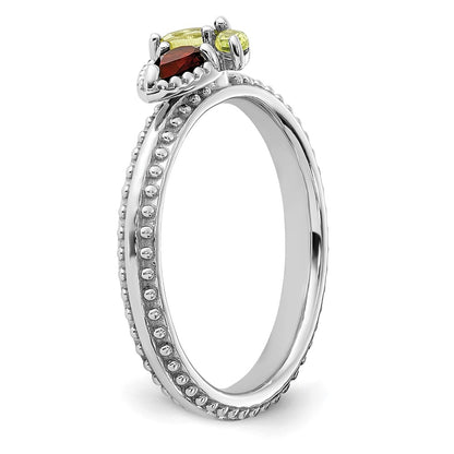 Sterling Silver Stackable Expressions Rhodium-plated Textured Garnet and Peridot Flower Ring