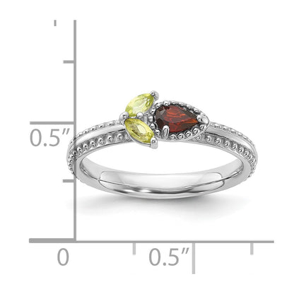 Sterling Silver Stackable Expressions Rhodium-plated Textured Garnet and Peridot Flower Ring