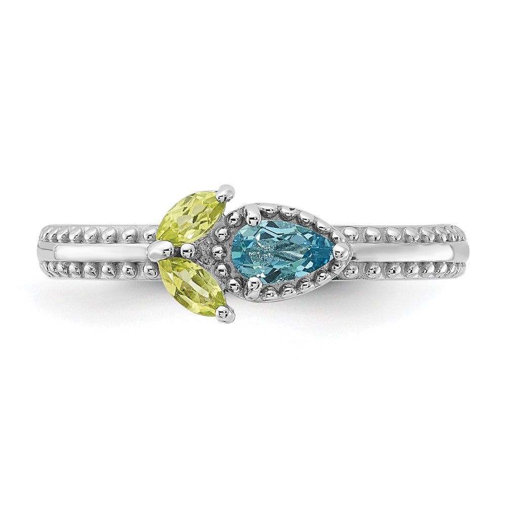 Sterling Silver Stackable Expressions Rhodium-plated Lt Swiss Blue Topaz & Peridot Flower Ring