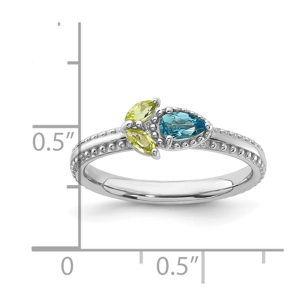 Sterling Silver Stackable Expressions Rhodium-plated Lt Swiss Blue Topaz & Peridot Flower Ring