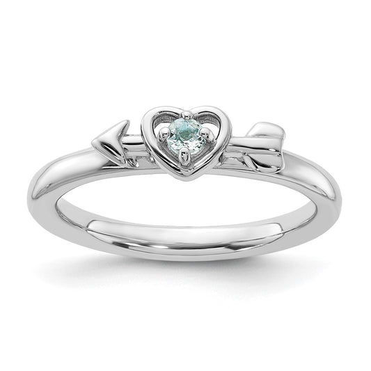 Sterling Silver Stackable Expressions Rhodium-plated Aquamarine Heart with Arrow Ring