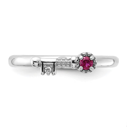 Sterling Silver Stackable Expressions Rhodium-plated Created Ruby and White Topaz Key Ring