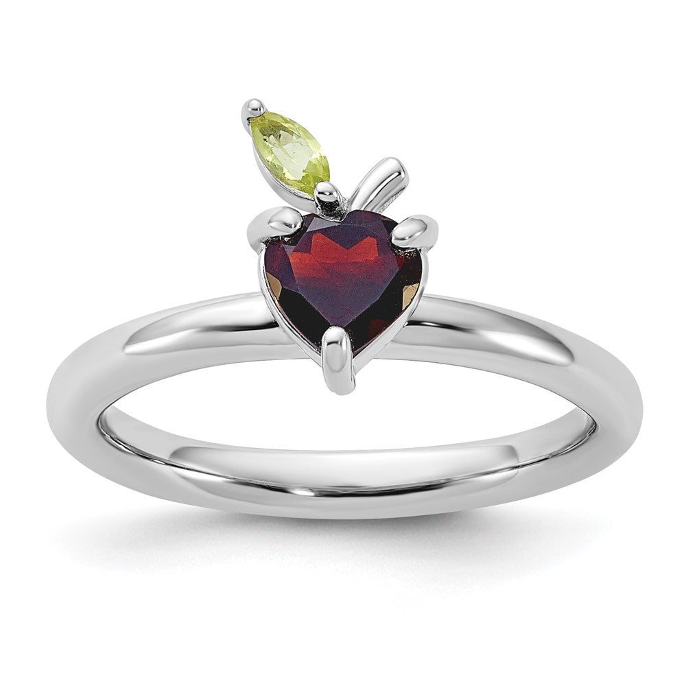 Sterling Silver Stackable Expressions RH-plated Garnet Peridot Apple Ring