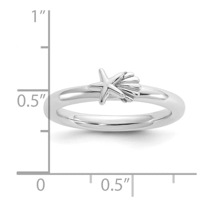 Sterling Silver Stackable Expressions Rh-plated Starfish and Shell Ring