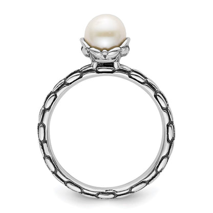 Sterling Silver Stack Exp. Polished Patterned White FW Cultured Pearl Ring