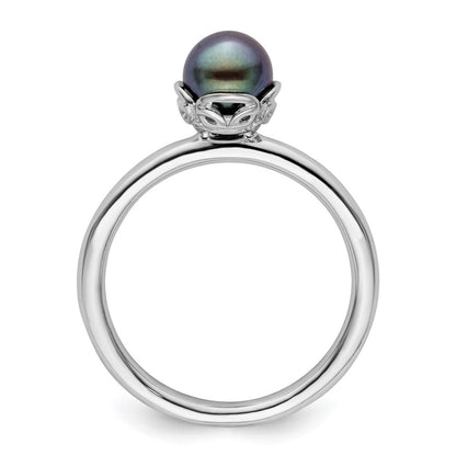 Sterling Silver Stack Exp. Polished Black FW Cultured Pearl Ring