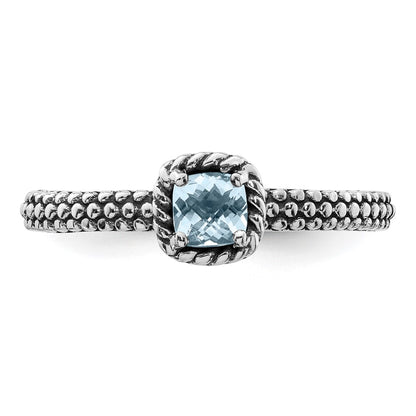 Sterling Silver Stackable Expressions Checker-cut Aquamarine Antiqued Ring