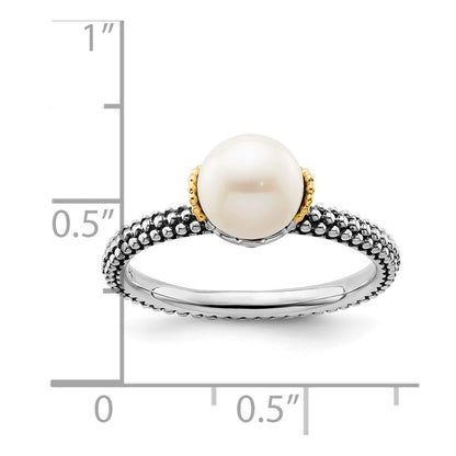 Sterling Silver & 14k Stack Exp. 7.0-7.5mm White FW Cultured Pearl Ring