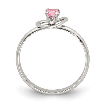 Sterling Silver Polished Pink CZ Heart Children's 15in Necklace, Size 3 Ring & Post Earrings Set