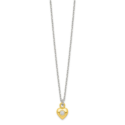 Sterling Silver & Gold-tone Polished CZ Heart Children's 14in Necklace and Post Earrings Set