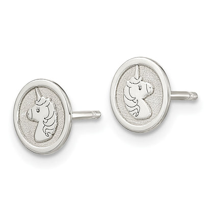 Sterling Silver Polished & Textured Unicorn Children's 14in Necklace and Post Earrings Set