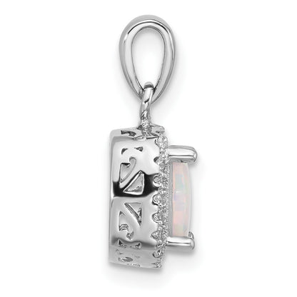 Sterling Silver Rh-plated CZ and Created Opal Halo Pendant and Earring Set