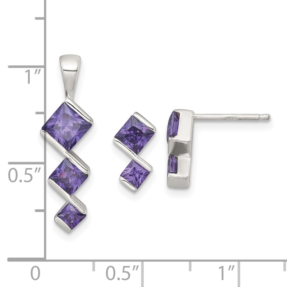 Sterling Silver Polished Square Purple CZ Pendant and Post Earring Set