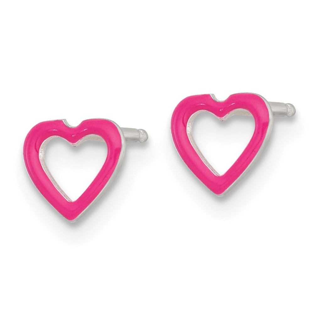 Sterling Silver Polished Pink Enamel Open Heart Childrens 14 inch Necklace and Post Earrings Set