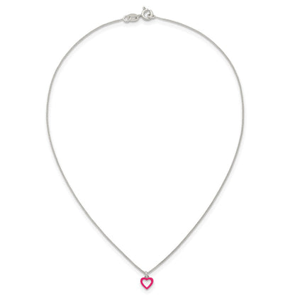 Sterling Silver Polished Pink Enamel Open Heart Childrens 14 inch Necklace and Post Earrings Set