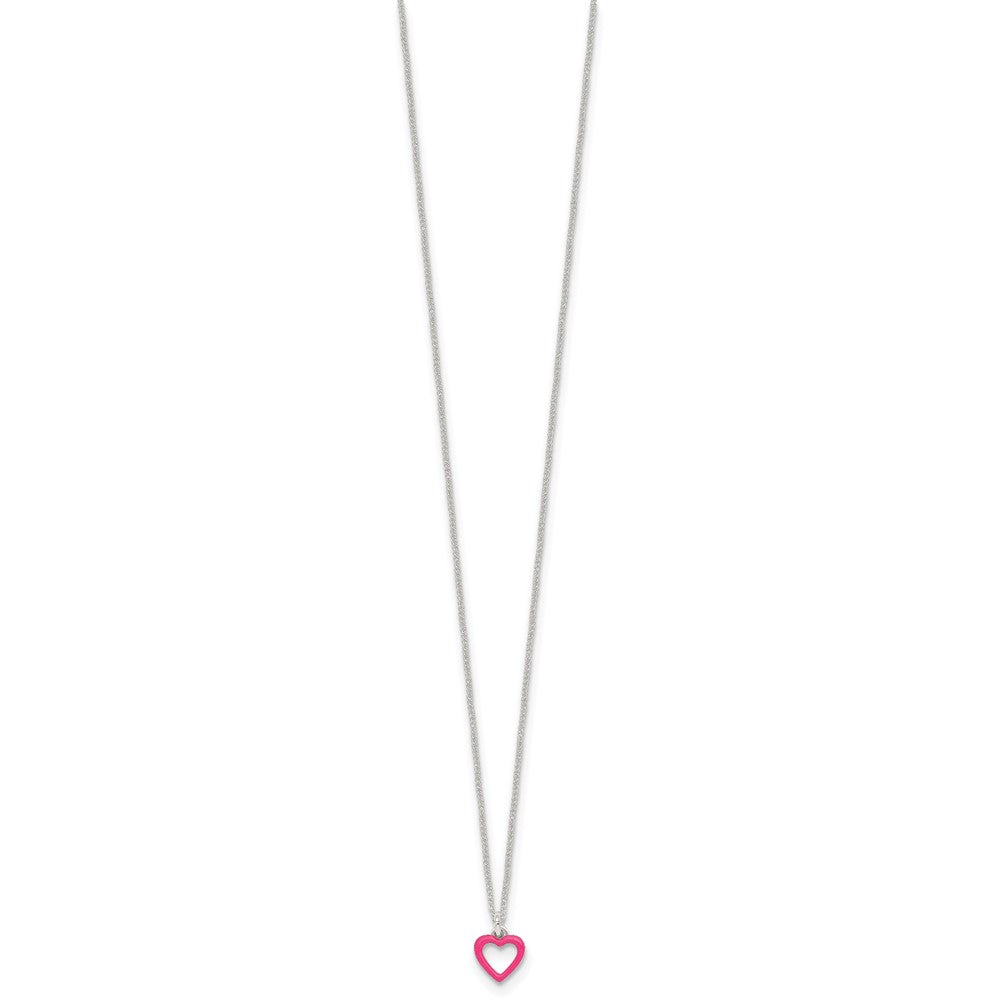 Sterling Silver Polished Pink Enamel Open Heart Childrens 14 inch Necklace and Post Earrings Set