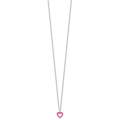 Sterling Silver Polished Pink Enamel Open Heart Childrens 14 inch Necklace and Post Earrings Set
