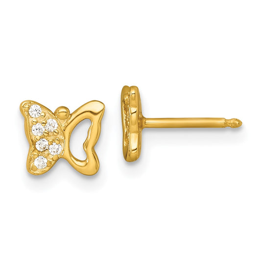 Sterling Silver Gold-tone White CZ Butterfly Childrens 14 inch Necklace and Post Earrings Set