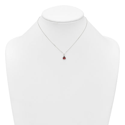 Sterling Silver Polished Red and Black Enameled Ladybug Childrens 14 inch Necklace and Post Earrings Set