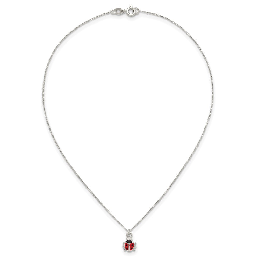 Sterling Silver Polished Red and Black Enameled Ladybug Childrens 14 inch Necklace and Post Earrings Set