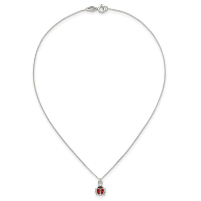 Sterling Silver Polished Red and Black Enameled Ladybug Childrens 14 inch Necklace and Post Earrings Set