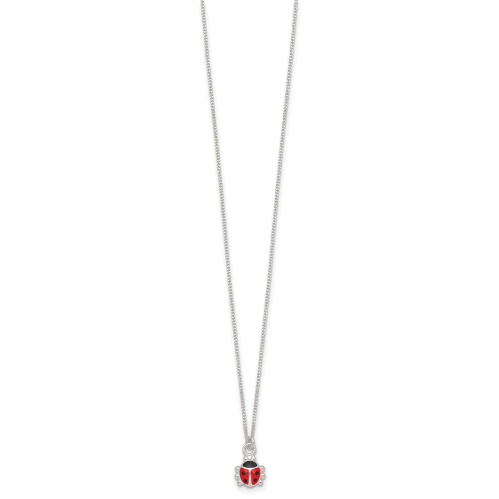 Sterling Silver Polished Red and Black Enameled Ladybug Childrens 14 inch Necklace and Post Earrings Set