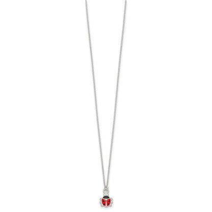 Sterling Silver Polished Red and Black Enameled Ladybug Childrens 14 inch Necklace and Post Earrings Set