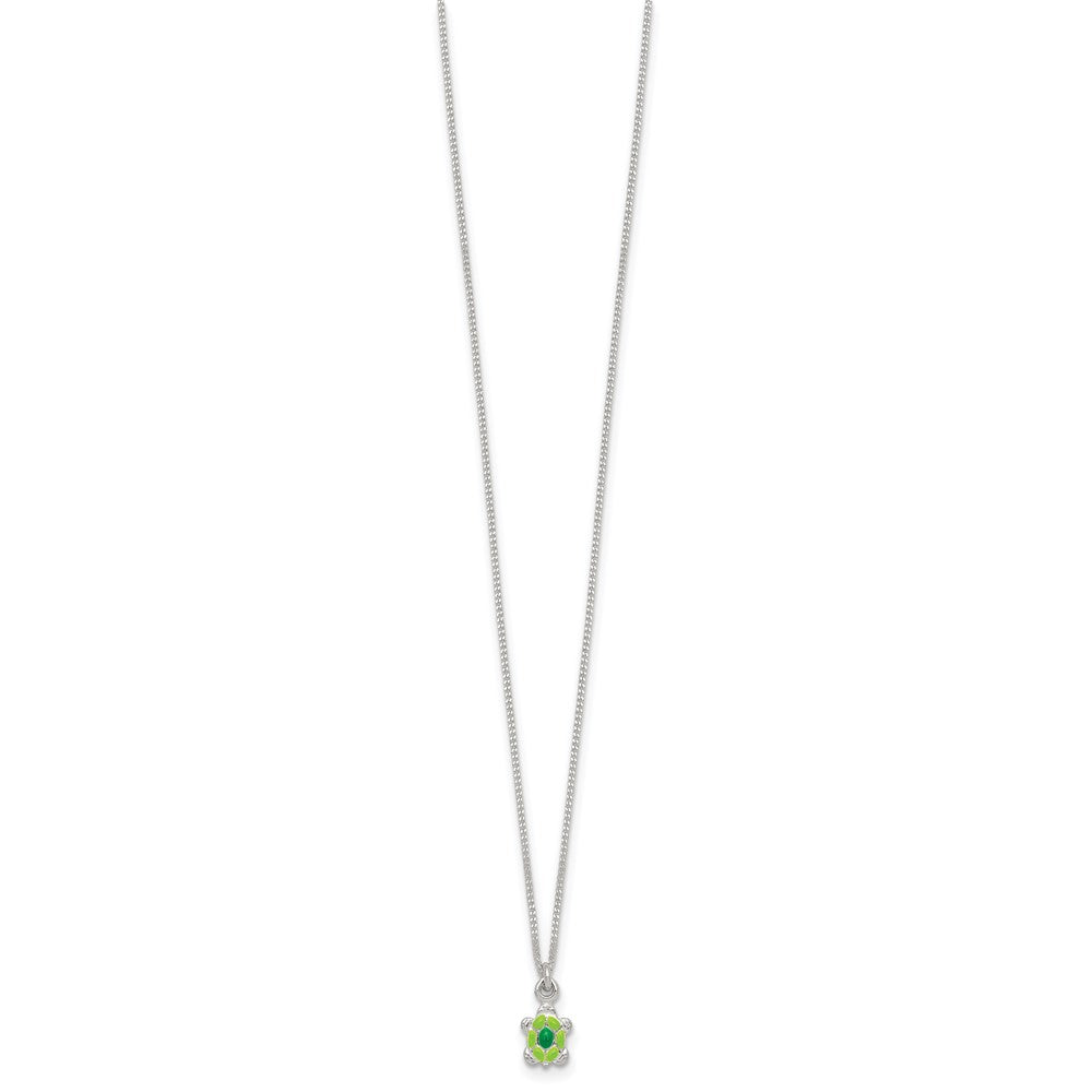Sterling Silver Polished Green Enameled Turtle Childrens 14 inch Necklace and Post Earrings Set