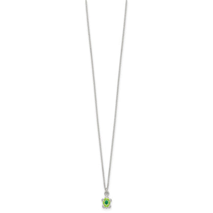 Sterling Silver Polished Green Enameled Turtle Childrens 14 inch Necklace and Post Earrings Set