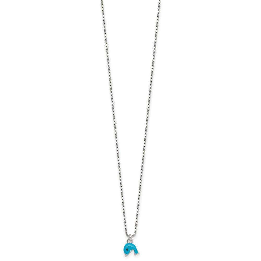 Sterling Silver Polished Blue and Black Enameled Dolphin Childrens 14 inch Necklace and Post Earrings Set
