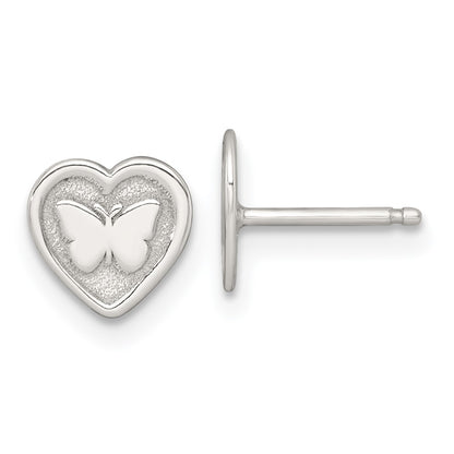 Sterling Silver Polished and Textured Butterfly in Heart Childrens 14 inch Necklace and Post Earrings Set