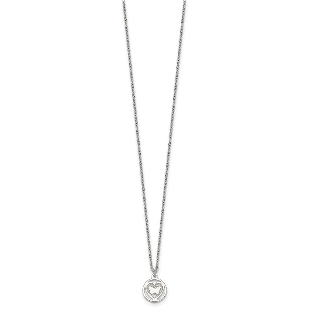 Sterling Silver Polished and Textured Butterfly in Heart Childrens 14 inch Necklace and Post Earrings Set