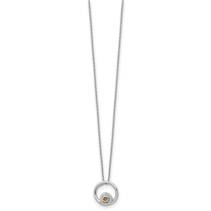 Sterling Silver RH Plated White Ice .05ct. Diamond & Citrine w/2IN Ext Neck