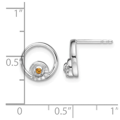 Sterling Silver RH Plated White Ice .03ct. Dia. and Citrine Post Earrings