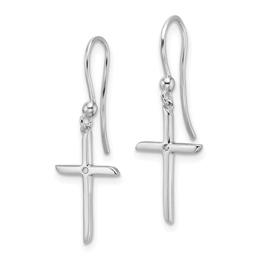 White Ice Sterling Silver Rhodium-plated Diamond Cross Shepherds Hook Dangle Earrings