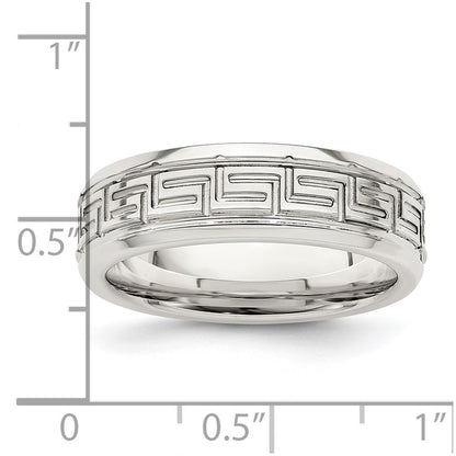 Sterling Silver 6mm Polished Flat Greek Key Design Beveled Edge Fancy Band Size 10