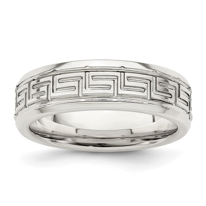 Sterling Silver 6mm Polished Flat Greek Key Design Beveled Edge Fancy Band Size 9