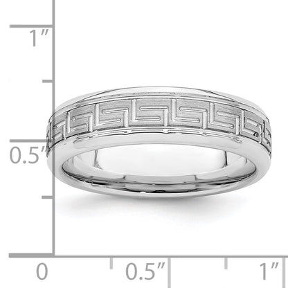 Sterling Silver Rhodium-plated Grooved 6mm Brushed Greek Key Band
