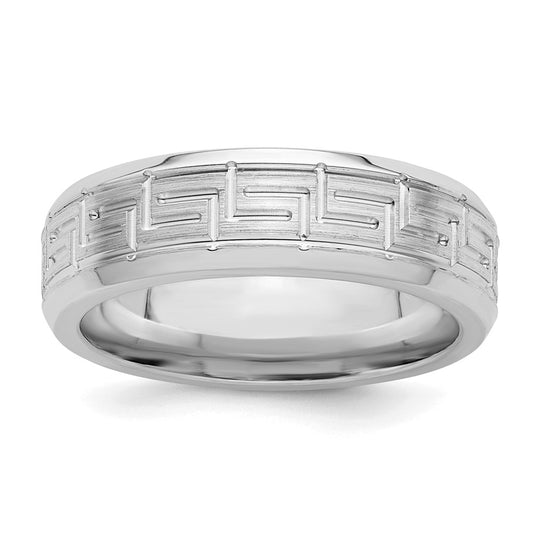 Sterling Silver Rhodium-plated Grooved 6mm Brushed Greek Key Band