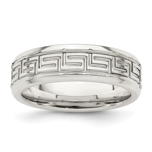 Sterling Silver 6mm Polished Flat Greek Key Design Beveled Edge Fancy Band Size 8.5