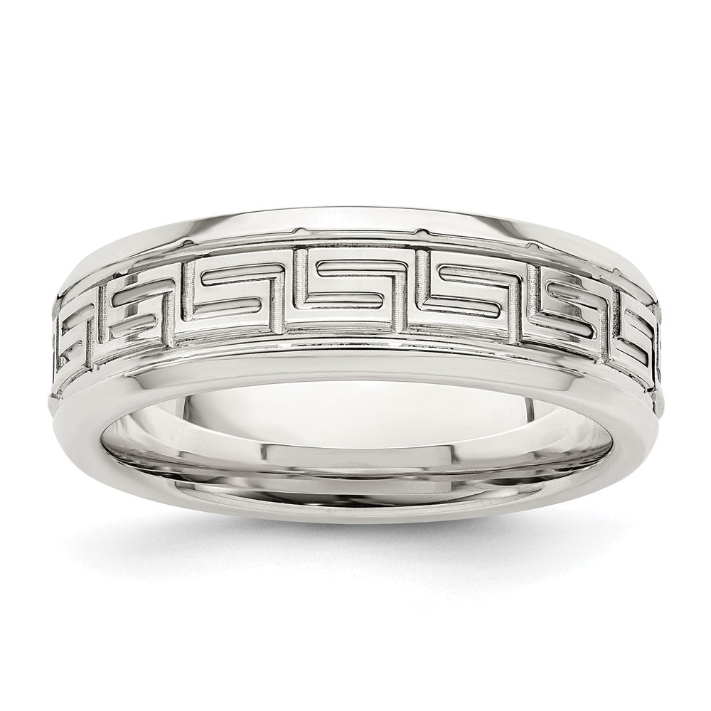Sterling Silver 6mm Polished Flat Greek Key Design Beveled Edge Fancy Band Size 9.5