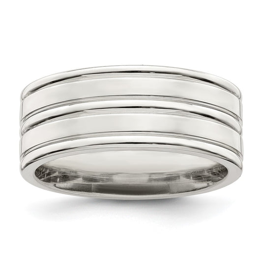 Sterling Silver 8mm Polished Flat Grooved Fancy Band Size 11.5