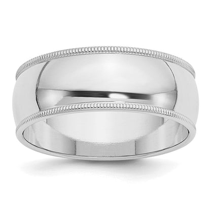 Sterling Silver Rhodium-plated 8mm Half Round Milgrain Size 8 Band