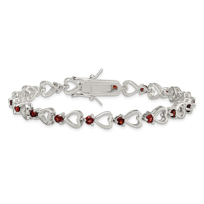 Sterling Silver Rhodium-plated Garnet Heart Bracelet