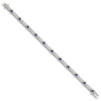 Sterling Silver Rhodium-plated Blue Glass and CZ 7.75 inch Bracelet