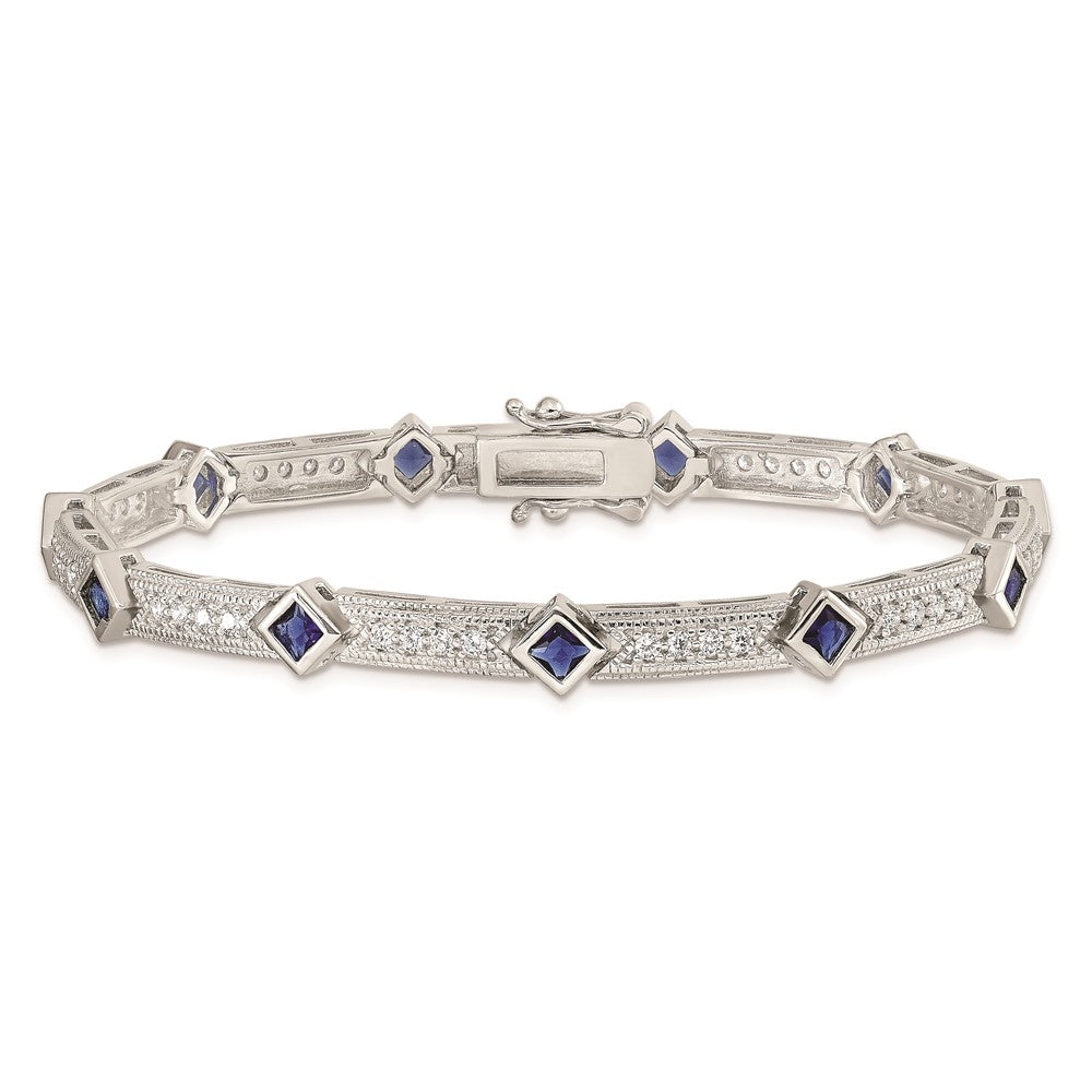 Sterling Silver Rhodium-plated Blue Glass and CZ 7.75 inch Bracelet