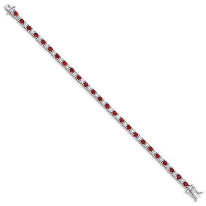 Sterling Silver Rhodium-plated Red Glass and CZ  7 inch Bracelet